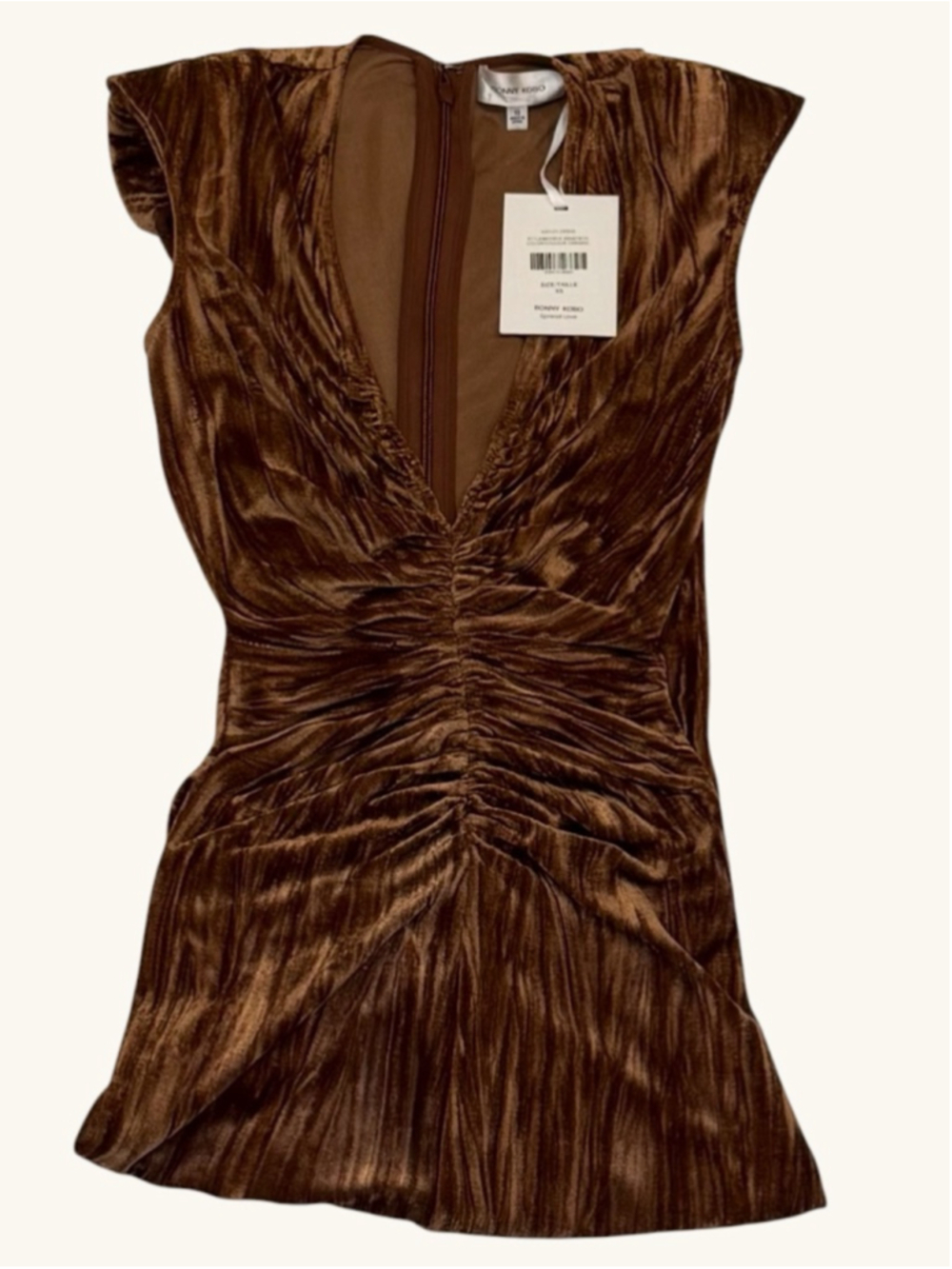 Ronny Kobo Hayley Plunge Neck Ruched Maxi Dress Caramel Velvet XS - Picture 5 of 7